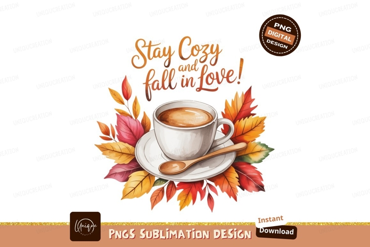 White coffee cup surrounded by autumn leaves saucer example image 1