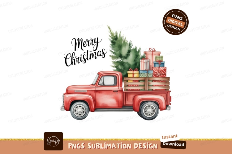Red truck loaded with Christmas gifts and tree image