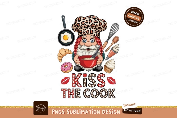 Gnome chef baking treats with kitchen tools cooking