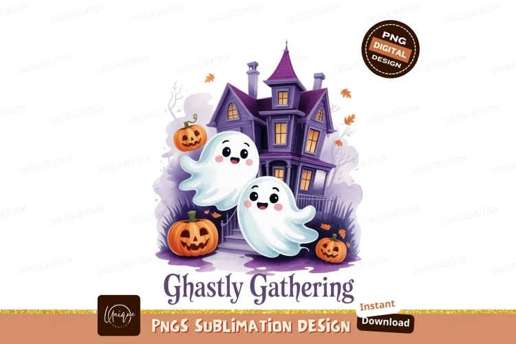 Cute ghosts and pumpkins near haunted house halloween