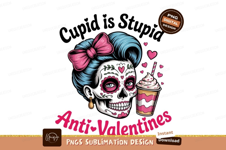 Sugar skull woman with pink bow and drink blue