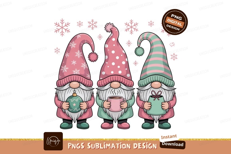 Three gnomes holding gifts christmas snowflakes