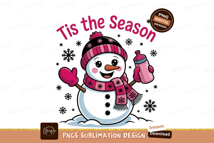 Snowman holding bottle festive winter pink