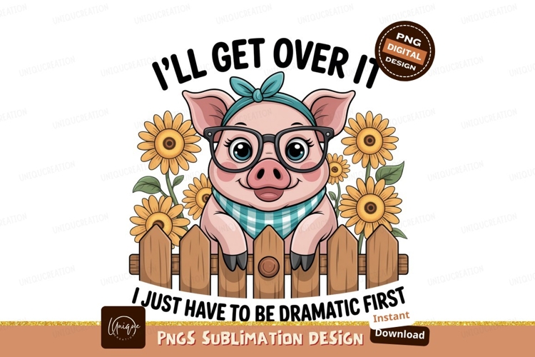 Pig wearing glasses and bandana with sunflowers fence