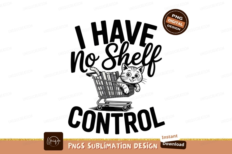 Whimsical cat shopping cart full of books kitten