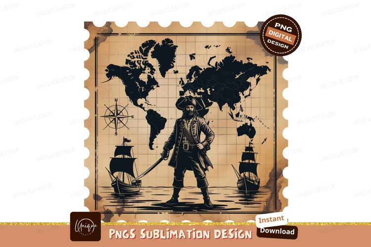 Pirate captain sword sailing ships world map image