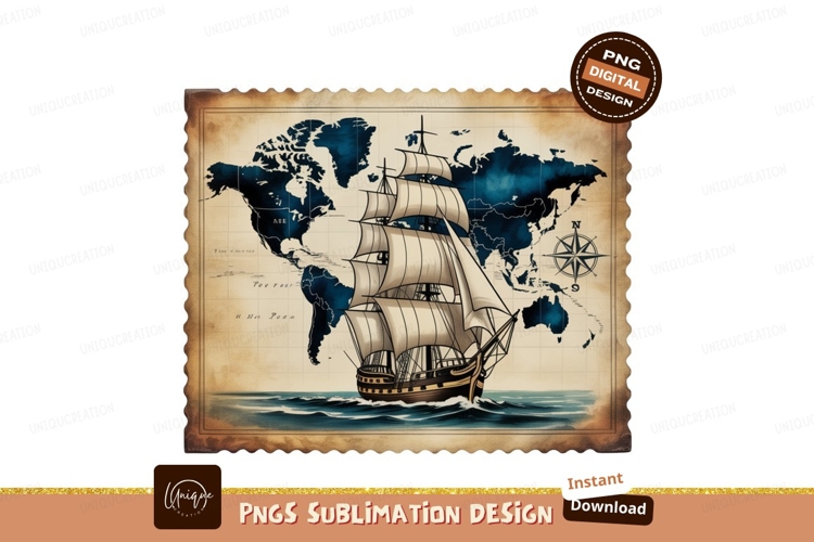 Tall ship sailing across world map ocean