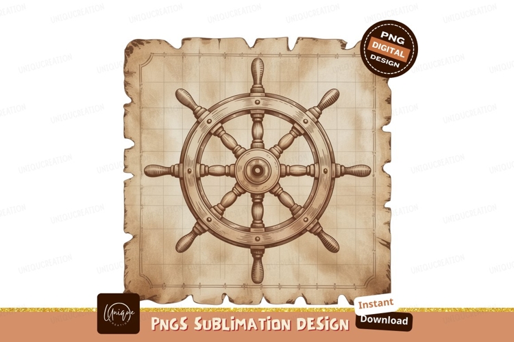 Nautical helm on aged parchment ship wheel