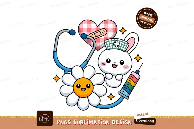 Cute bunny nurse with medical tools stethoscope syringe