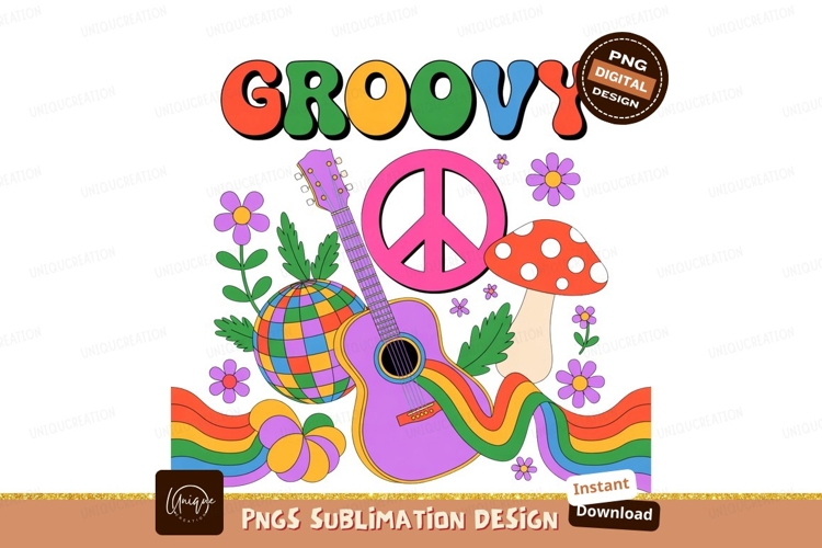 Psychedelic guitar peace mushroom flowers rainbow