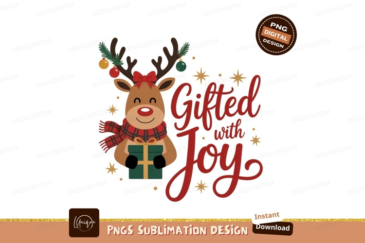 Festive reindeer holding gift with holiday text christmas