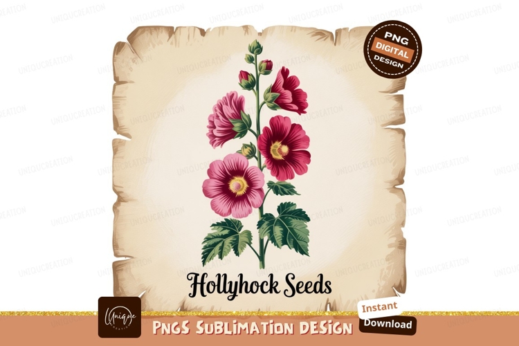 Format: Title: Pink red hollyhocks floral botanical illustra