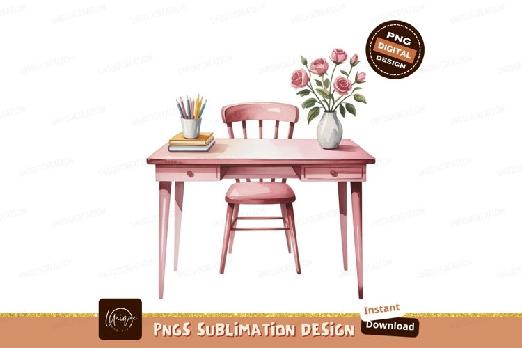Pink desk chair books pencils roses vase image