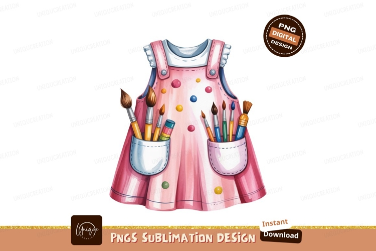 Pink artist dress with art supplies apron