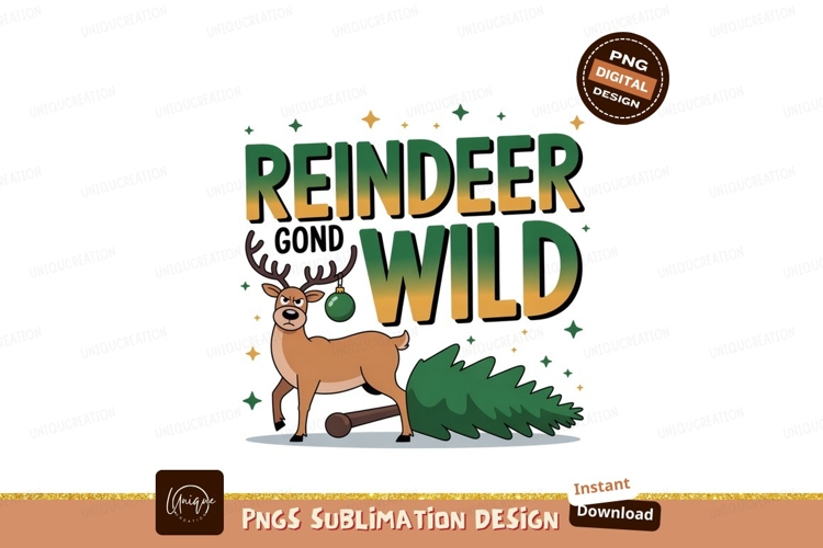 Grumpy reindeer dragging Christmas tree ornament