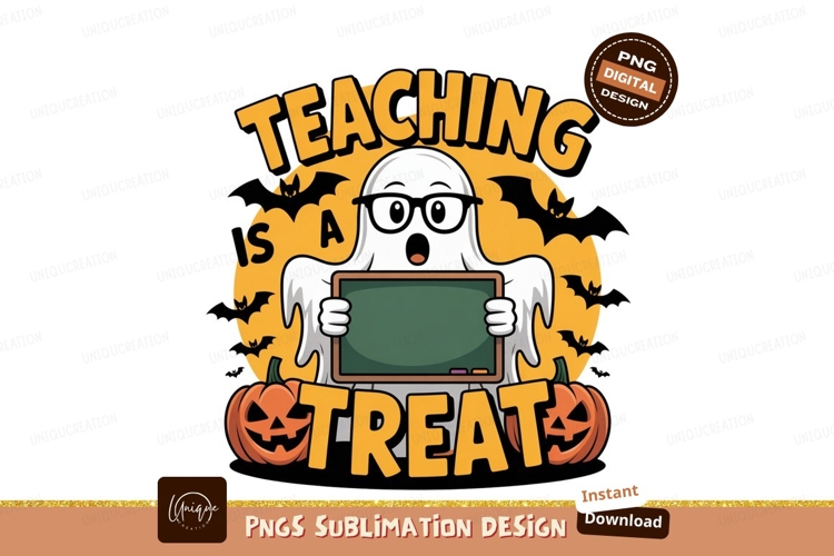 Ghost teacher holding chalkboard with pumpkins halloween