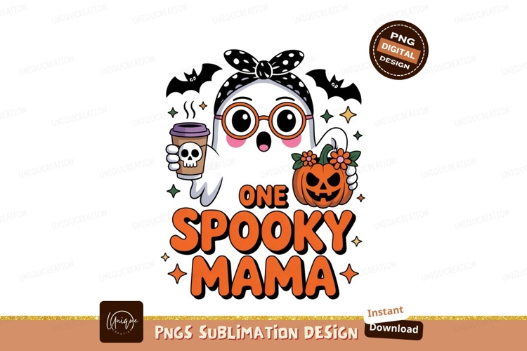 Spooky mama ghost holding coffee and pumpkin halloween