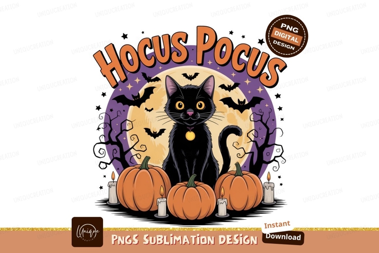 Black cat pumpkins bats moon orange