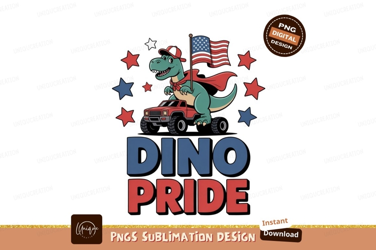 Dinosaur riding truck with american flag image