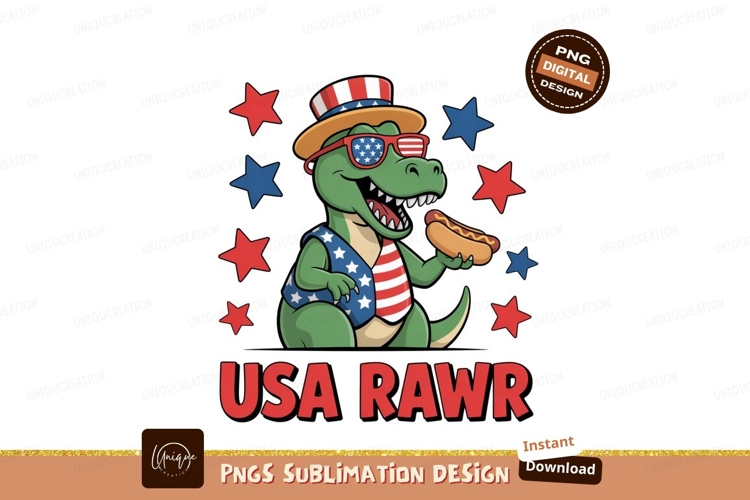 Dinosaur wearing patriotic attire eating hot dog hotdog