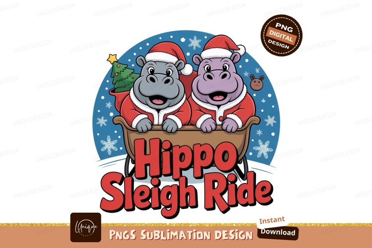 Hippos wearing Santa hats and coats in a sleigh hippopotamus