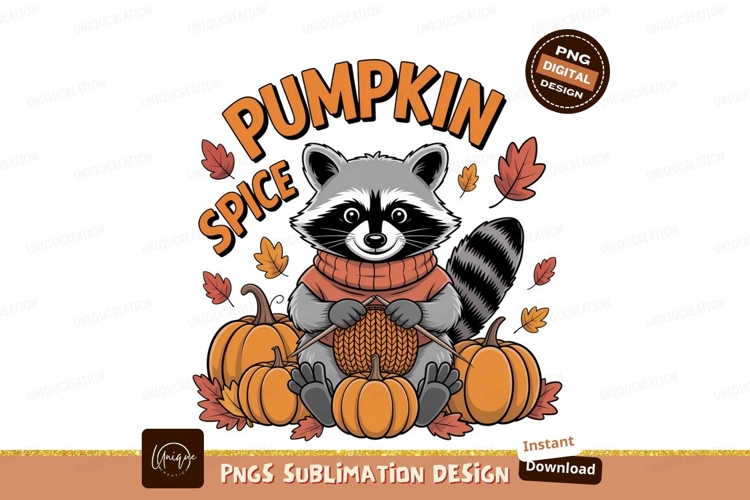 Raccoon knitting surrounded by pumpkins and leaves