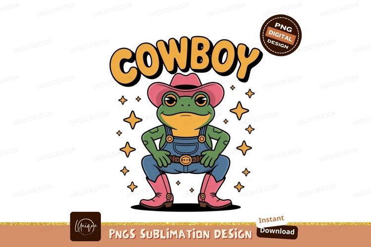 Green frog wearing cowboy attire overalls boots