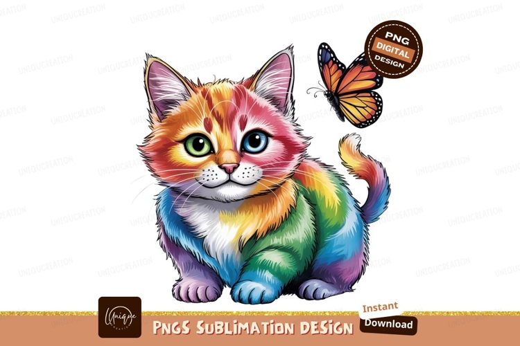 Rainbow Kitten And Butterfly Sublimation Png