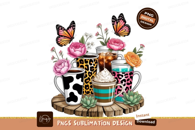 Coffee Cups With Flowers Butterflies Design example image 1