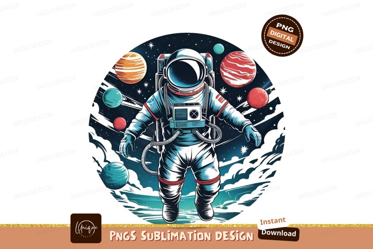 Astronaut in space with planets sublimation png