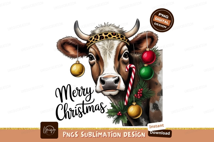 Merry christmas cow with ornaments sublimation png
