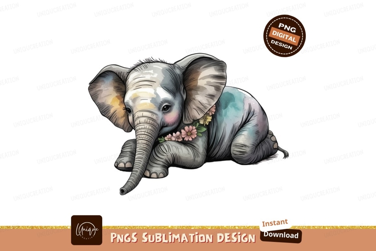 Cute baby elephant with flowers sublimation png