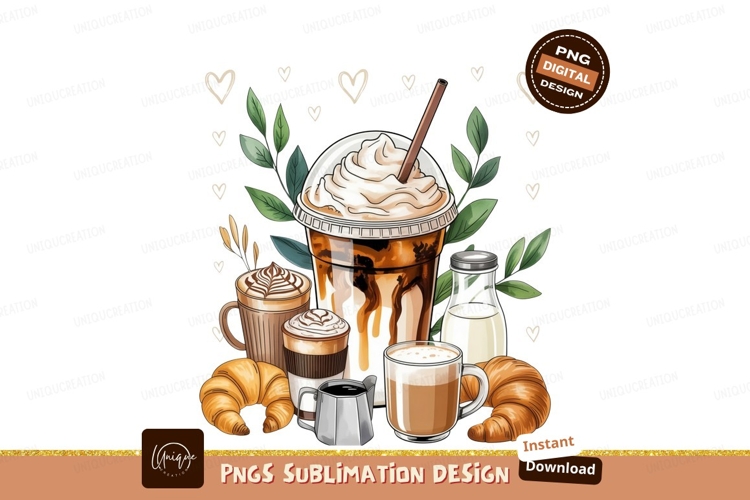 Coffee and croissants isolated on transparent background