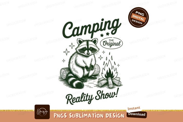 Raccoon camping reality show sublimation png