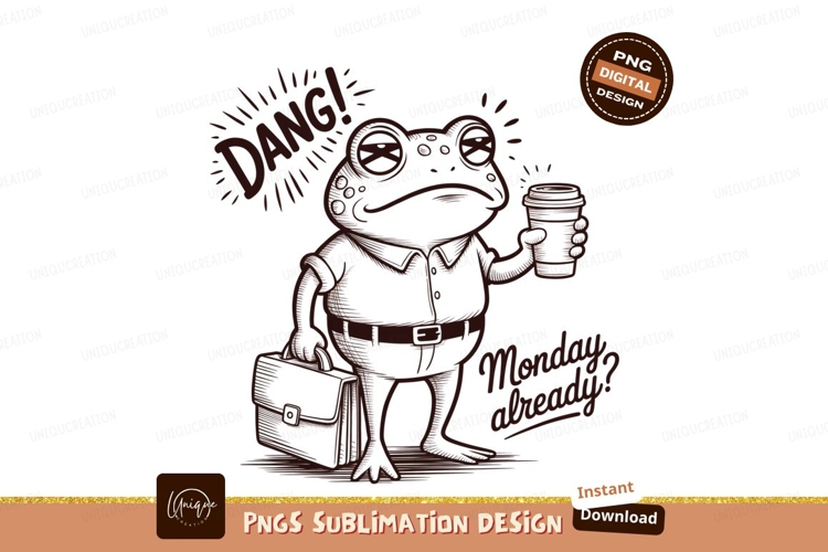 Tired frog with coffee monday sublimation png