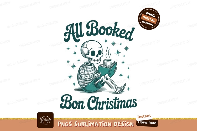 Skeleton reading at christmas sublimation png