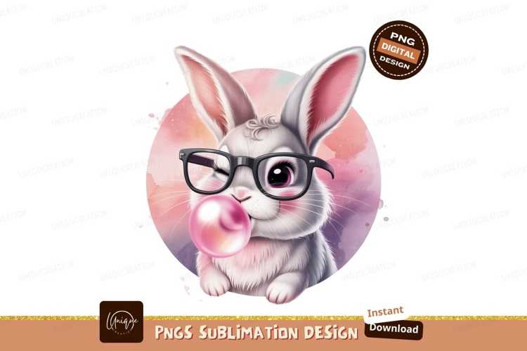 Bunny blowing pink bubblegum wearing glasses rabbit