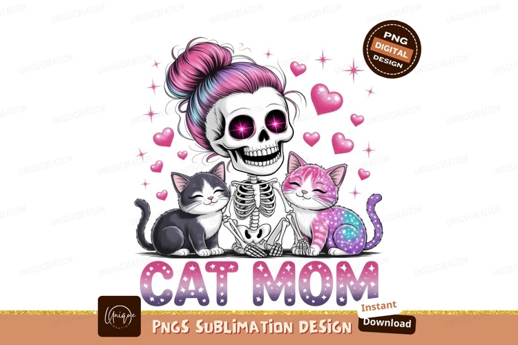 Skeleton cat mom with pink hearts image