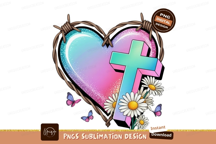 Heart cross daisies butterflies barbed wire image