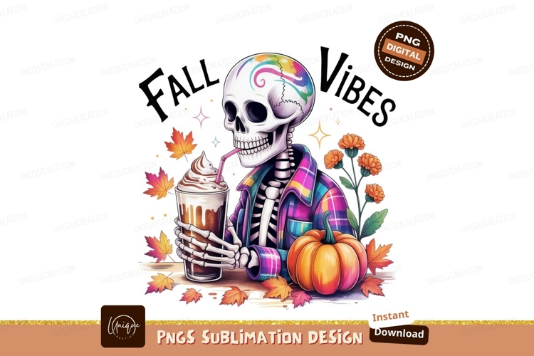 Skeleton drinking coffee fall leaves autumn