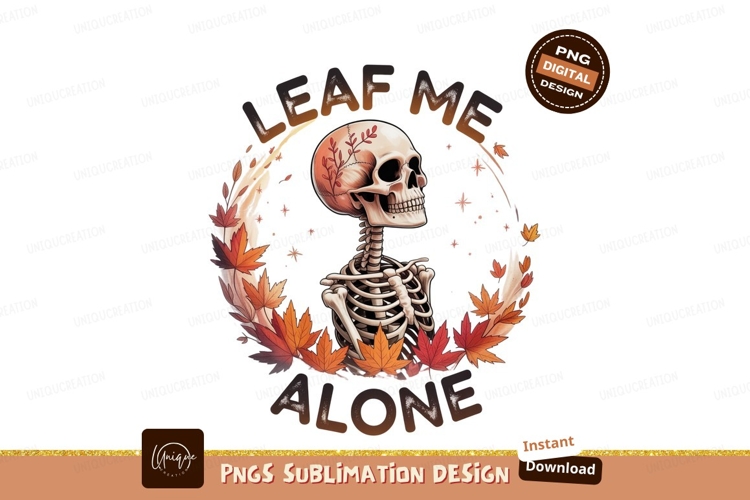 Skeleton surrounded by autumn leaves and text skull
