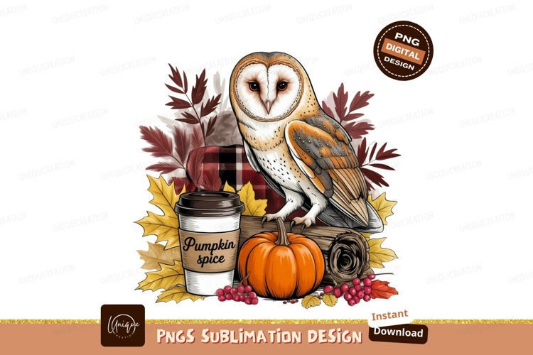 Barn owl pumpkin spice coffee autumn leaves image