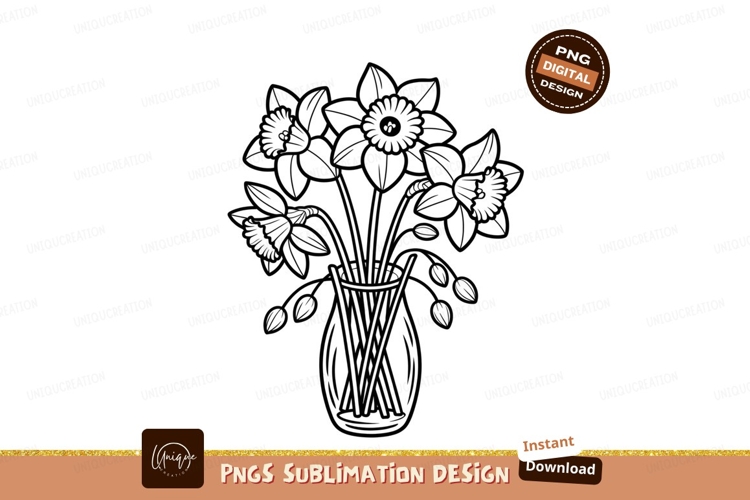 Daffodils bouquet in vase line art flowers floral