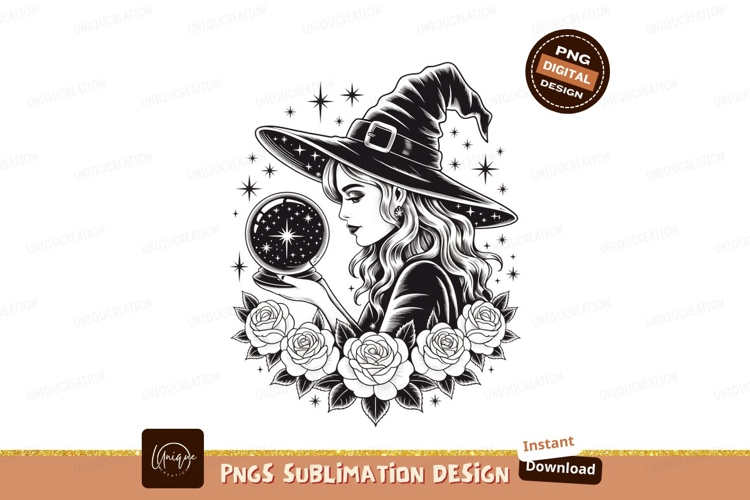 Witch holding crystal ball surrounded by roses fortune