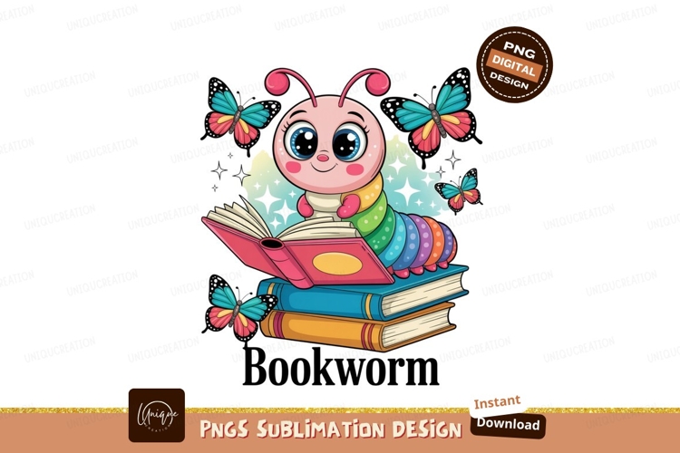 Cute caterpillar reading books with butterflies learning