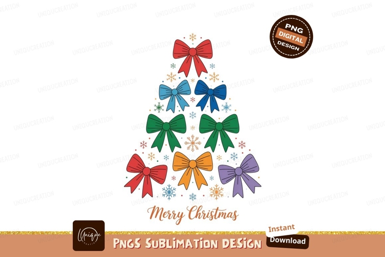 Colorful Bow Christmas Tree With Snowflakes SUBLIMATION
