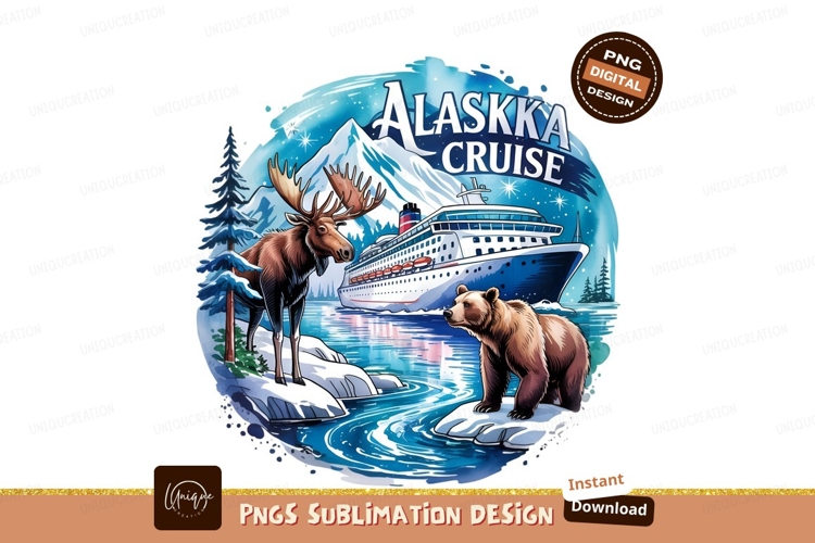 Alaska Cruise Landscape Featuring Wildlife Illustration PNG