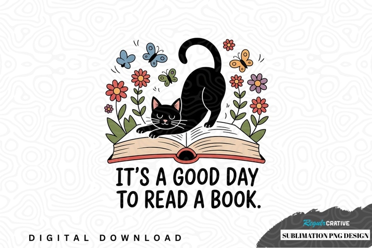Whimsical black cat reading book design
