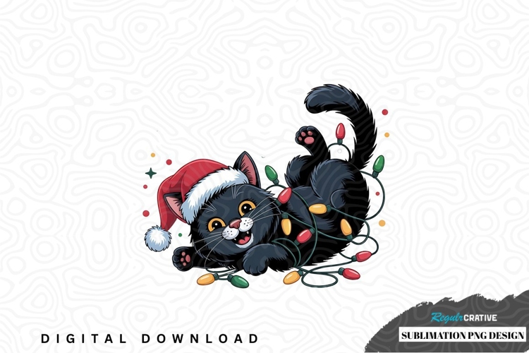 Funny black cat with christmas lights sublimation png design