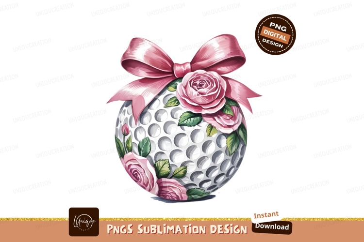 Golf Ball Adorned With Pink Roses Bow PNG